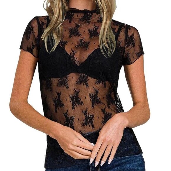 Black Mesh Lace Vintage Short Sleeve Top - Picture 1 of 3